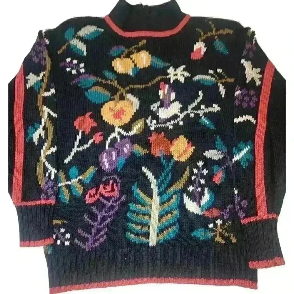 Vintage 1988 Lisa Nichols Sweater Size L Floral Button Back Chunky Knit Black